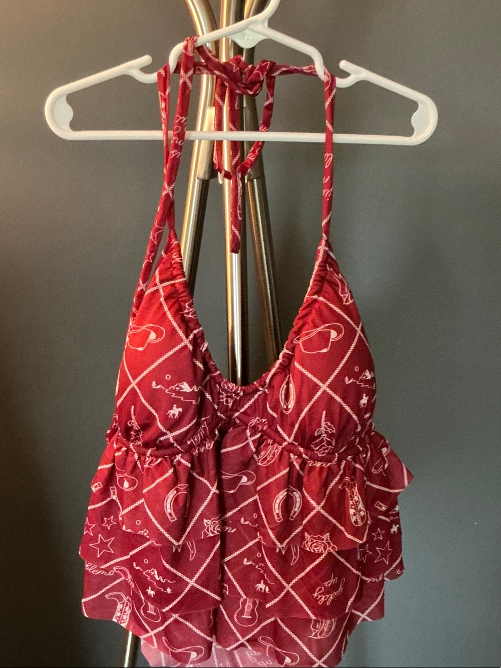 Red Western Bandana-Print Ruffle Halter Crop Top